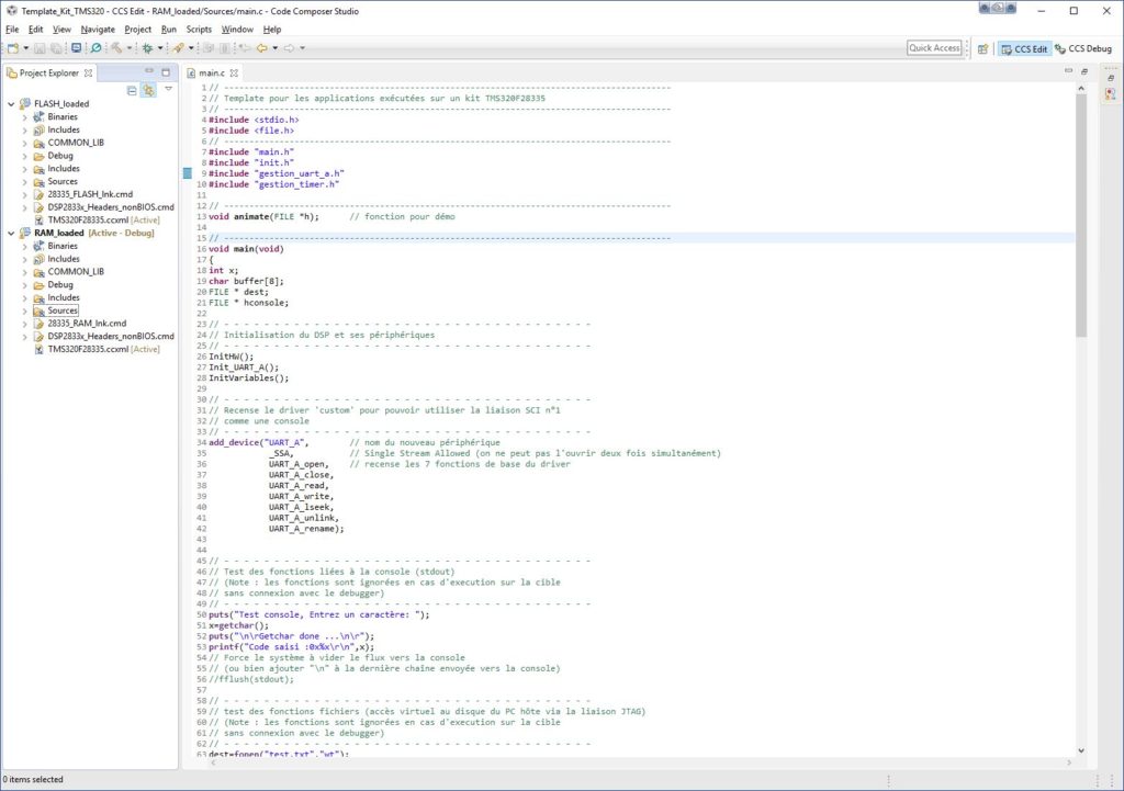 Vue du projet d'exemple TMS320F28335 dans CCS